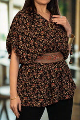 Black Floral Kaftan Top With Belt