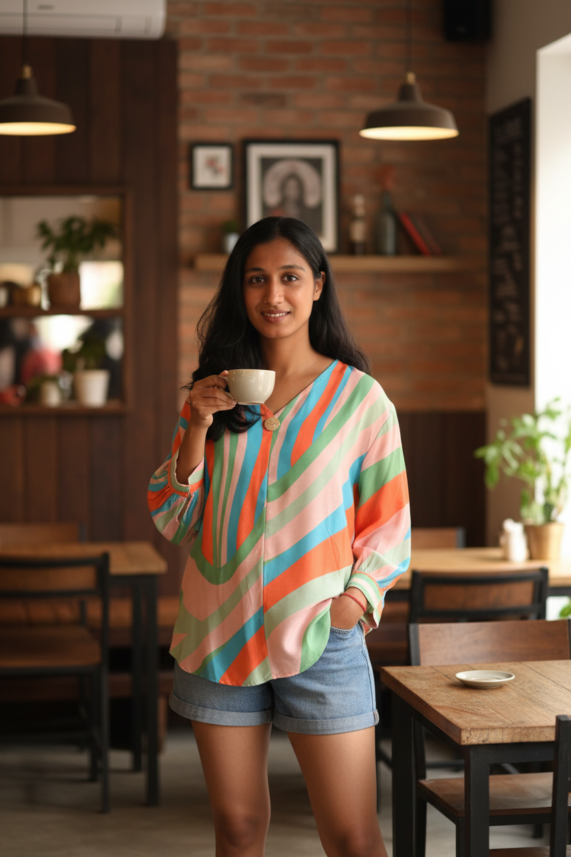 Indian model in striped tunic at vintage cafe
