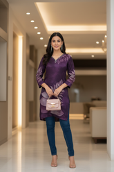 Kitty party styled model in purple sico silk tunic