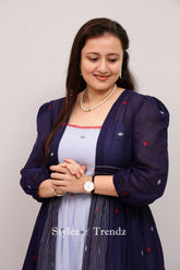 noodle strap blue dress with jacket