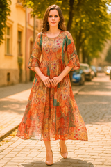 Orange Embellished Long Dress
