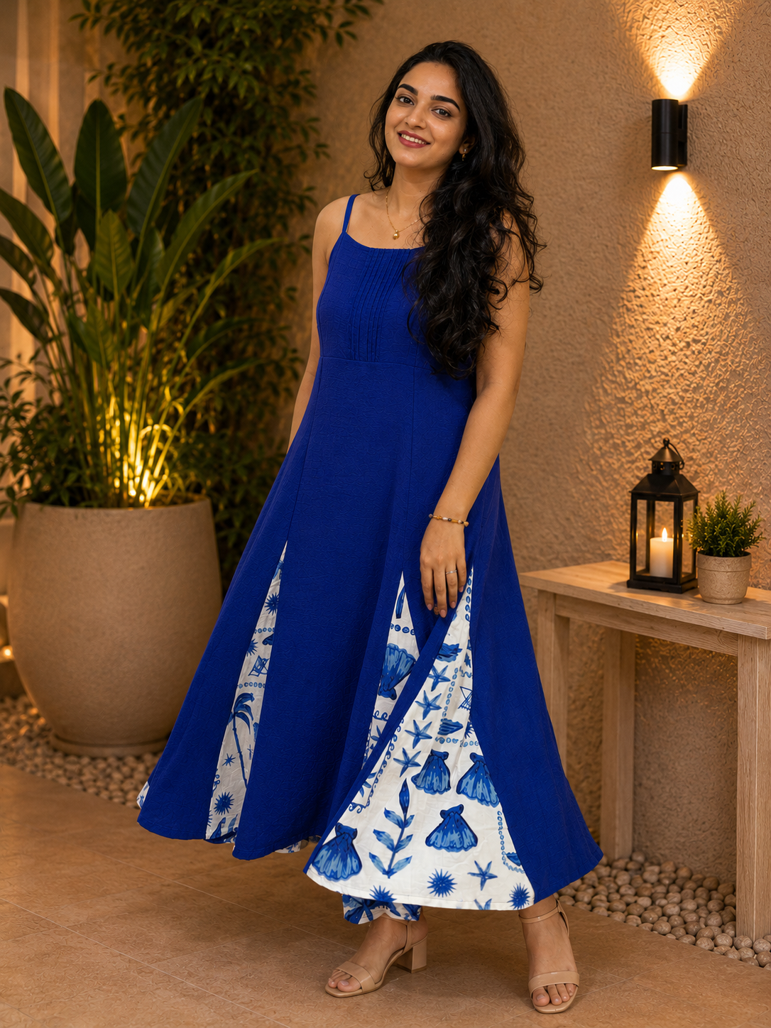 Royal blue maxi dress with off-white seashell and palm print panels and adjustable shoulder straps