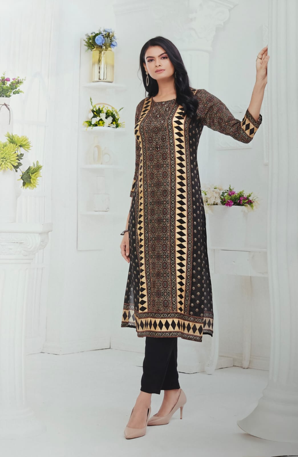 Black & Mustard Heritage Kurta