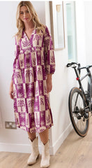 Violet Palm Bloom Cotton Midi Dress - full length view