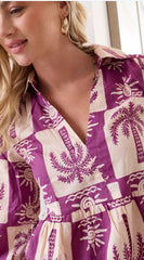Violet Palm Bloom Cotton Midi Dress - neckline and print detail