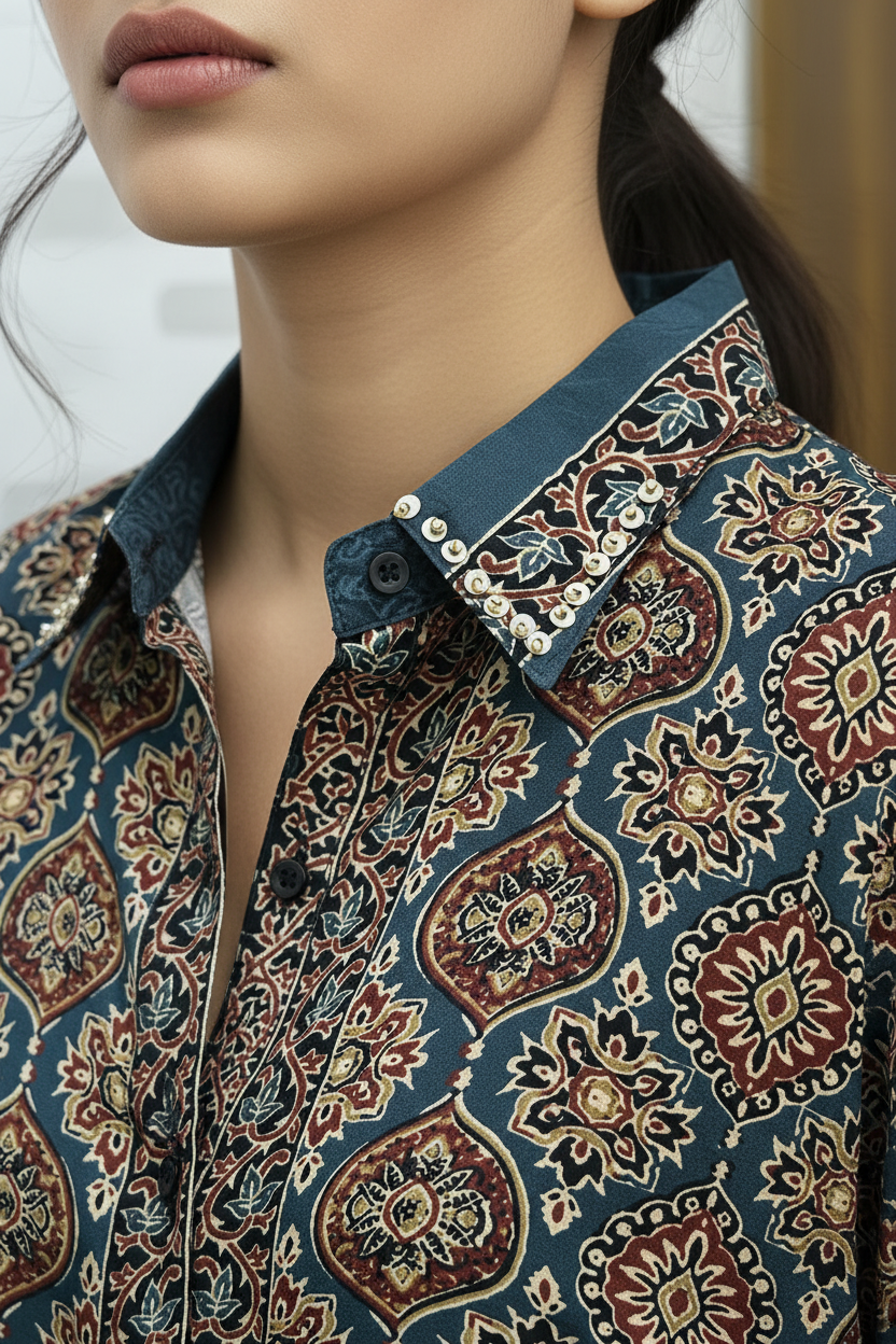 Ajrak Shirt Collar Extreme Close-up