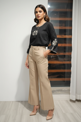 Black Embroidered Tunic with Beige Flared Pants