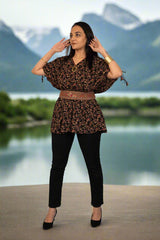 Black Floral Kaftan Top With Belt
