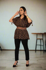 Black Floral Kaftan Top With Belt