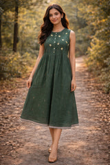 Bottle Green Jamdani Midi Dress