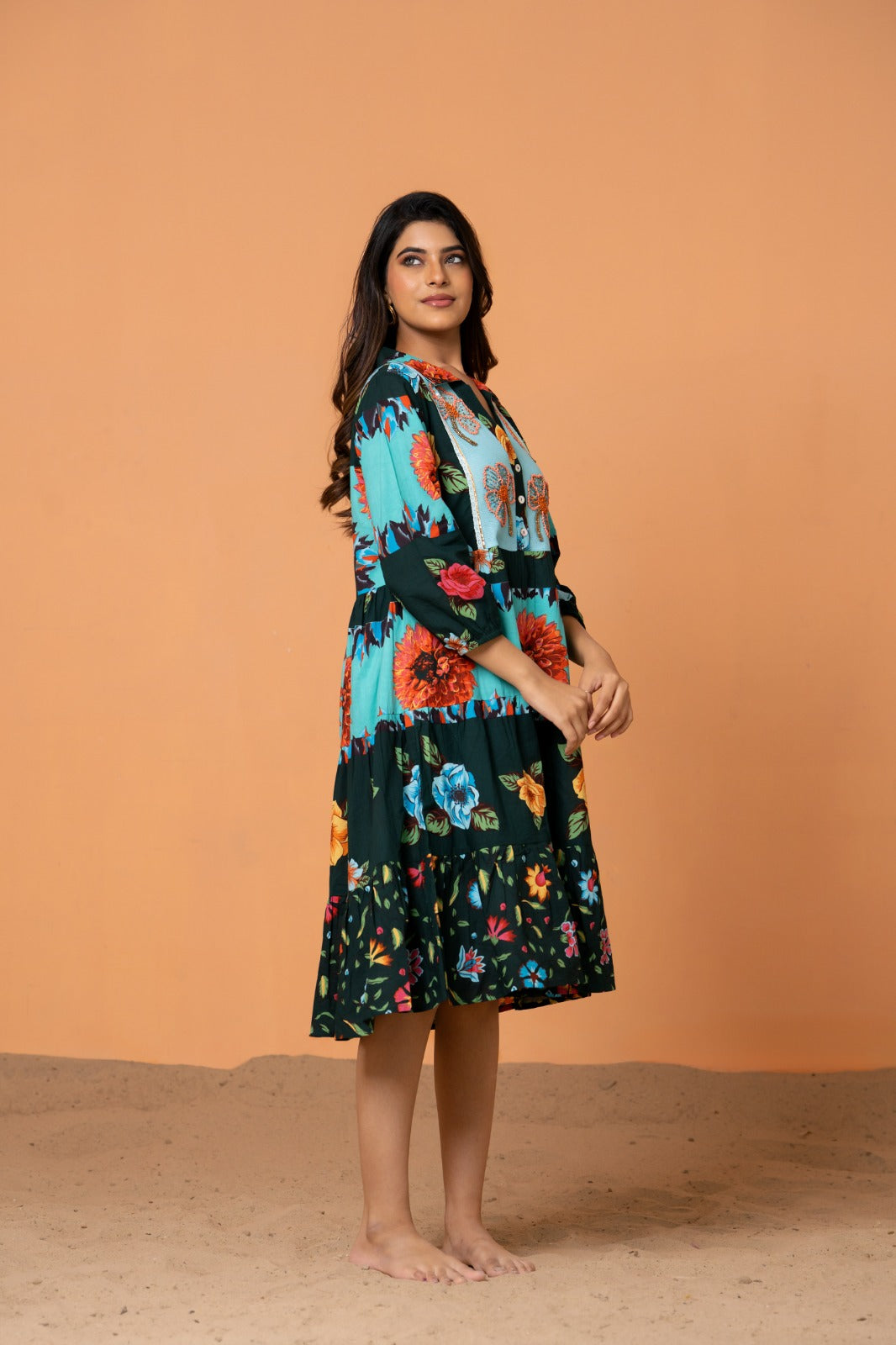 green & turquoise floral dress