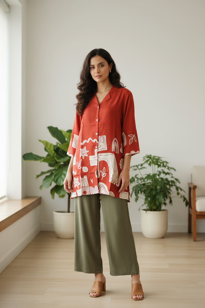 Rust Tribal Tunic – Olive Green Pants Look