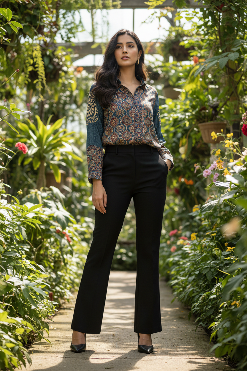 Model wearing Blue Ajrak Shirt - Full outfit botanical garden