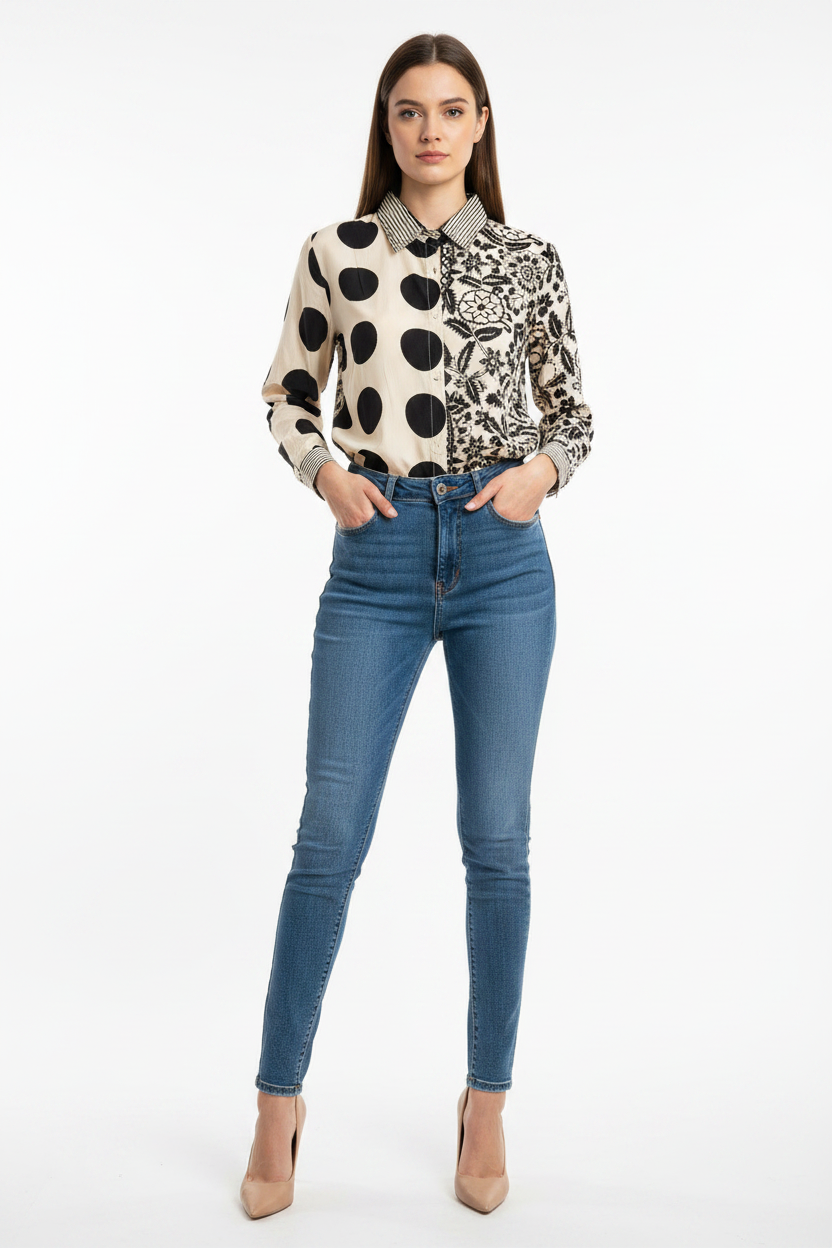 Model wearing Feather Touch Mixed Print Shirt - Studio