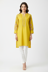 Yellow Medallion Embroidered Cotton Tunic - full front product shot