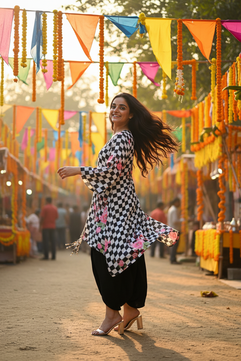Model twirling in checkered kurta set