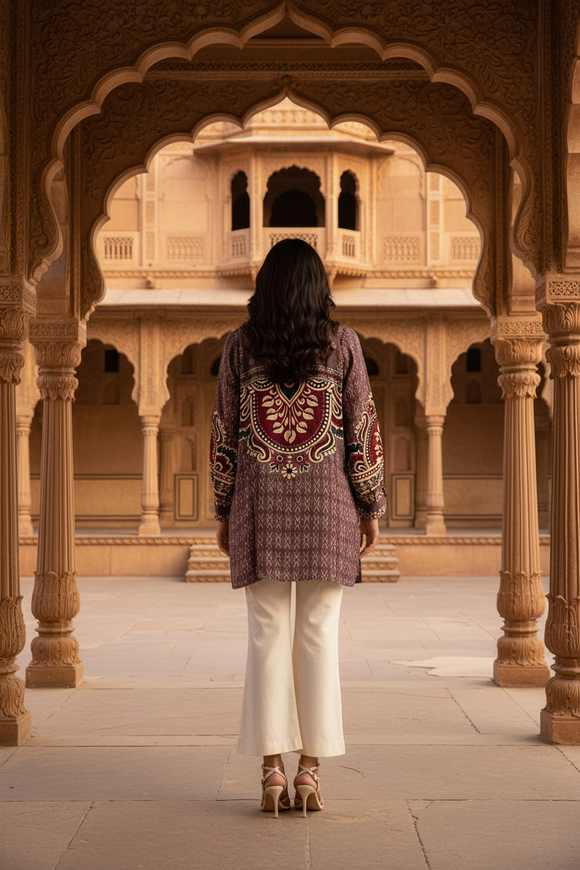 Model showing back of Maroon Ajrak Shirt - Haveli