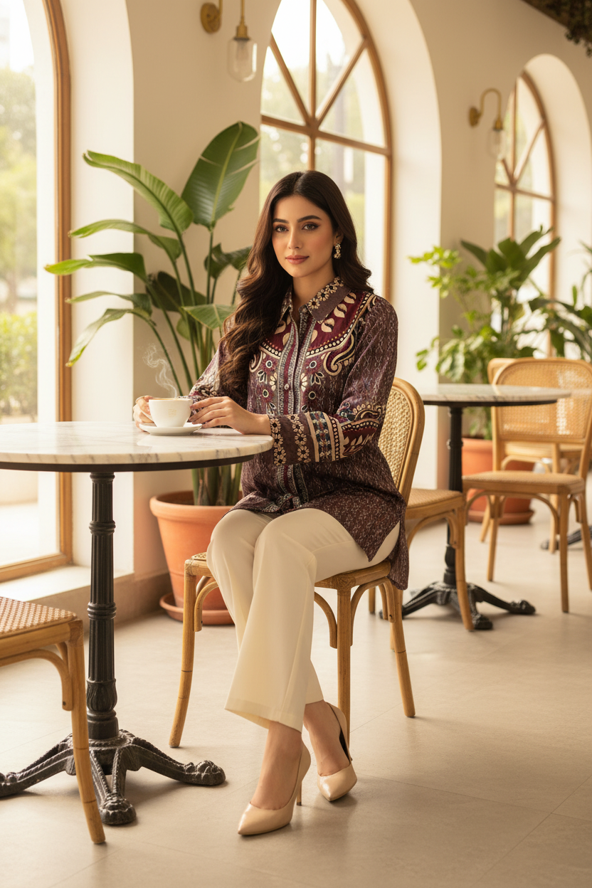 Maroon Ajrak Shirt - Cafe Setting