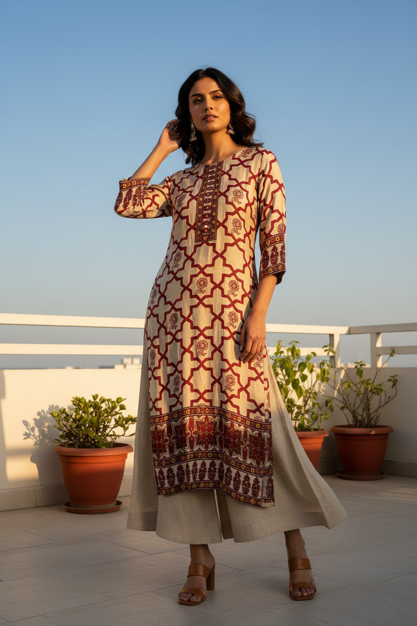 Maroon Geo Kurta with Beige Palazzo
