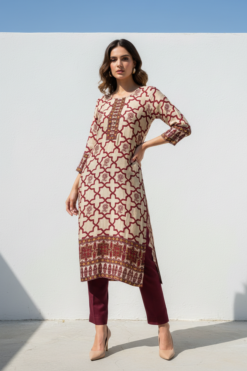 Maroon Geo Kurta with Burgundy Pants