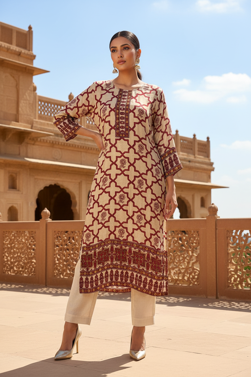 Maroon Geo Kurta with Trousers