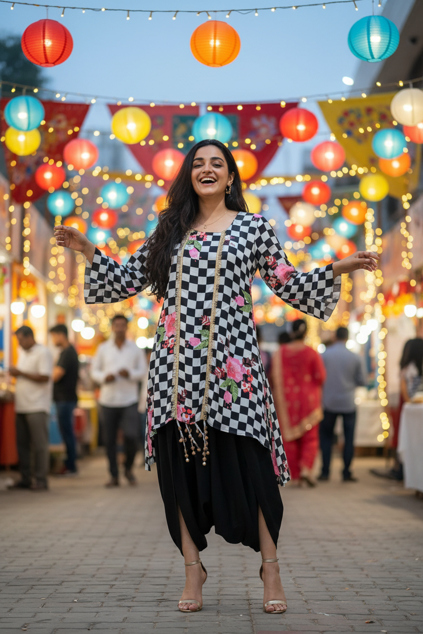 Model celebrating at festive market