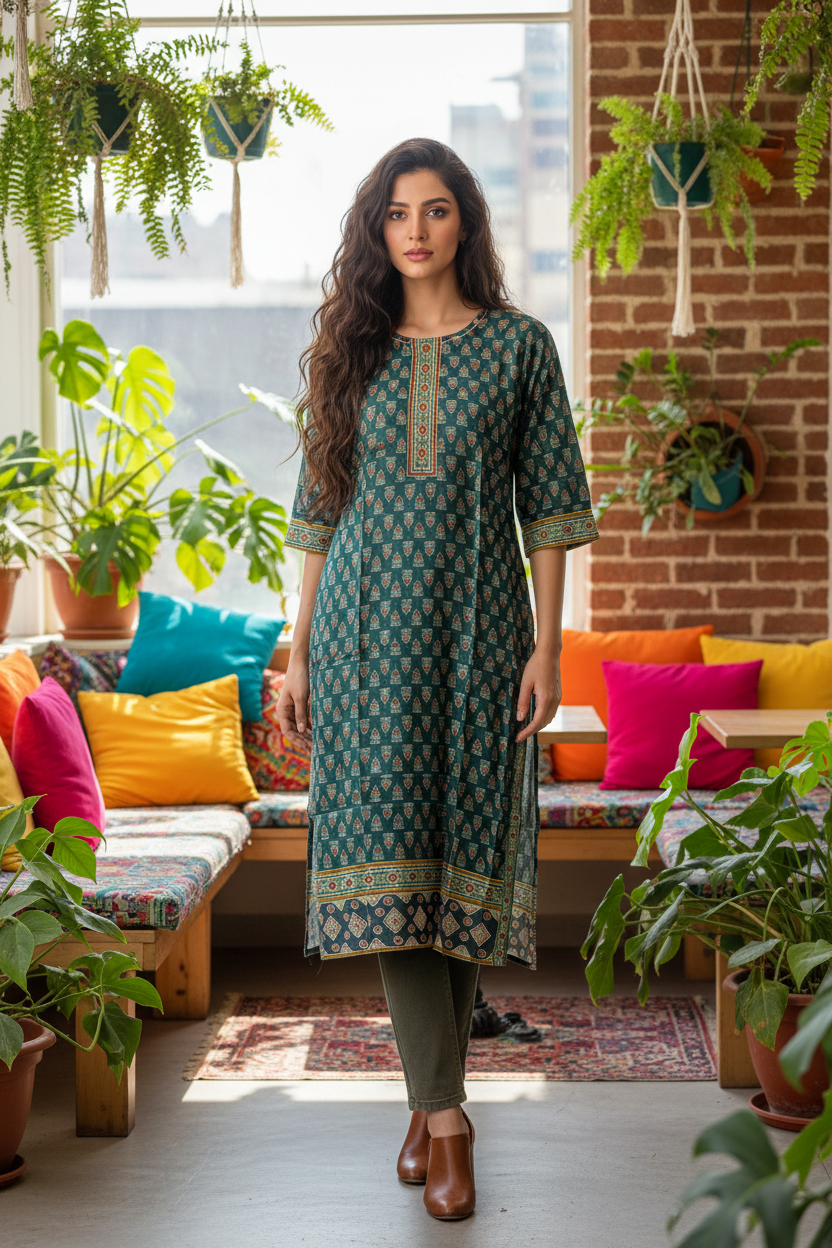 Model in boho cafe with olive denim