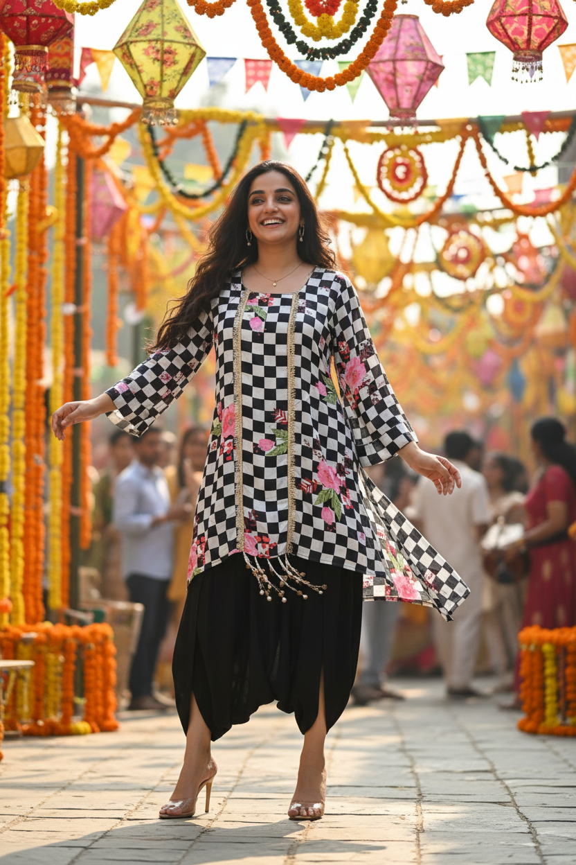 Model in checkered kurta and harem dhoti at festivities
