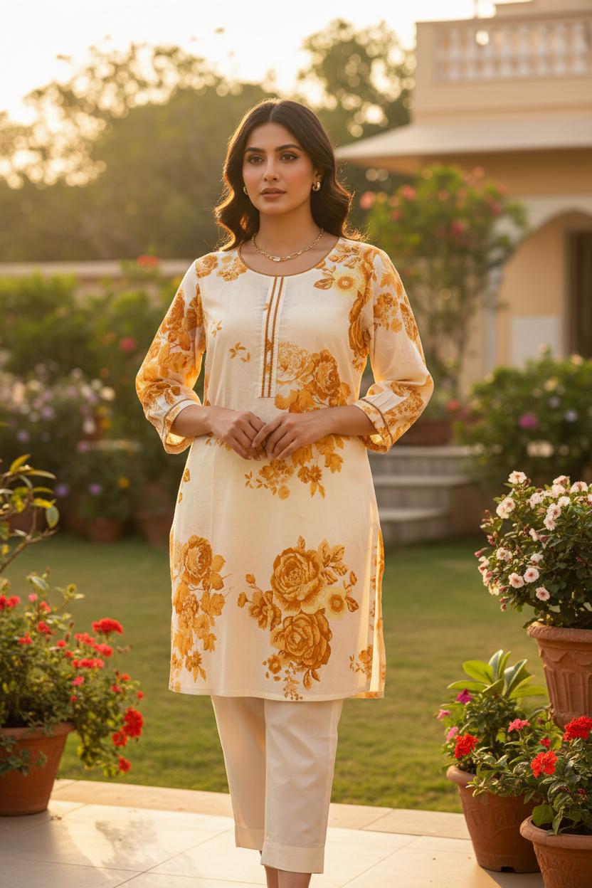Model in golden kurta set outdoors minimal jewelry