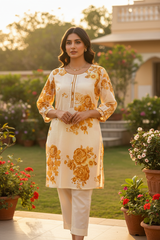 Model in golden kurta set outdoors minimal jewelry