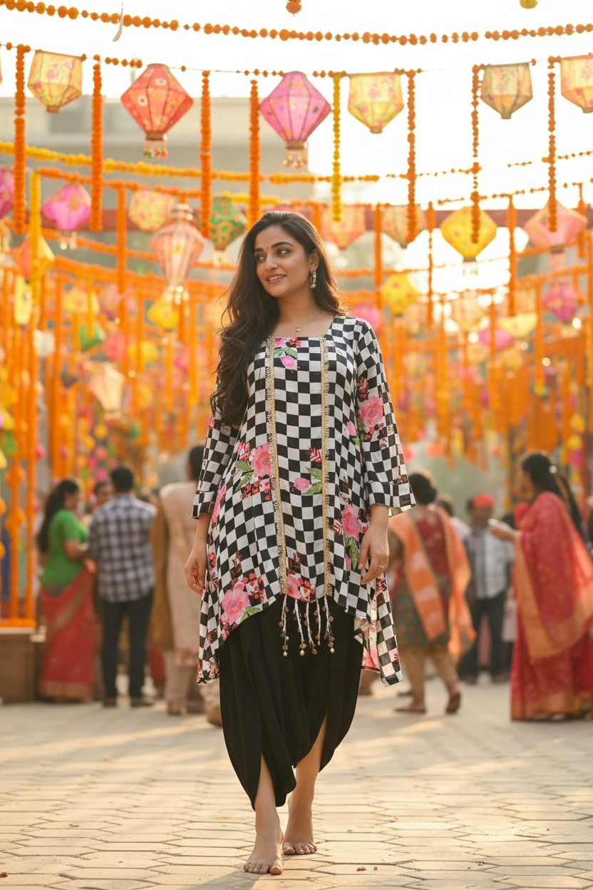 Model in graceful standing pose with flats