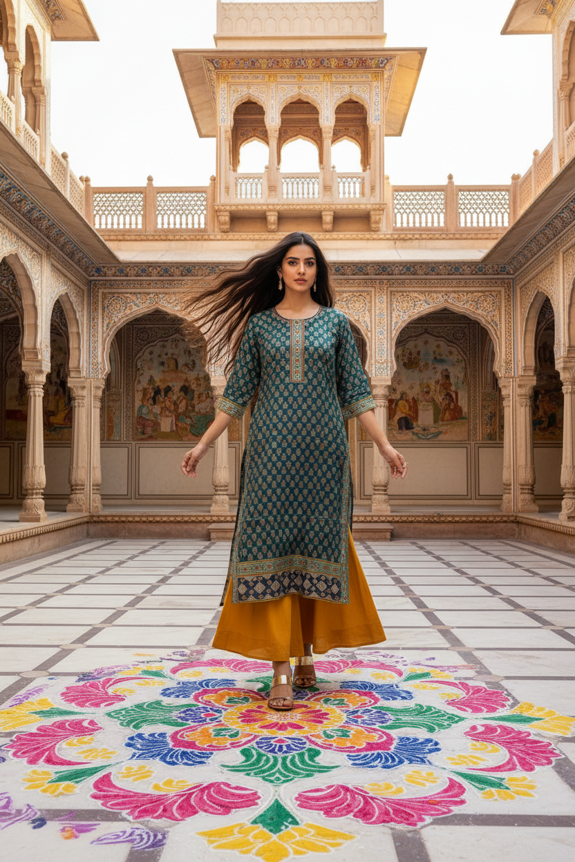 Model in haveli with mustard pants