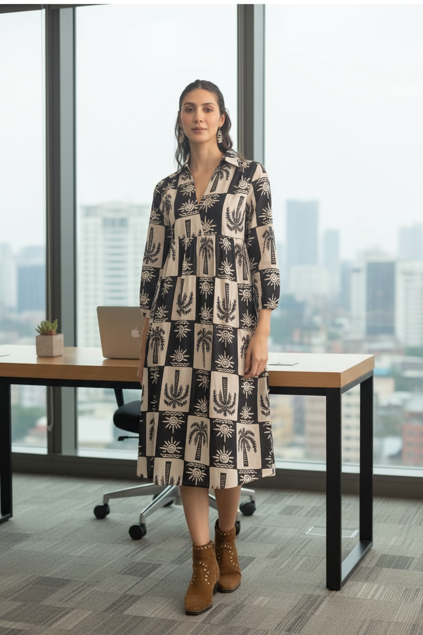 Bohemian Noir Palm Print Cotton Midi Dress - model wearing black and beige printed dress in office setting