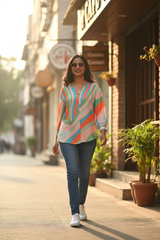 Model in striped tunic street style