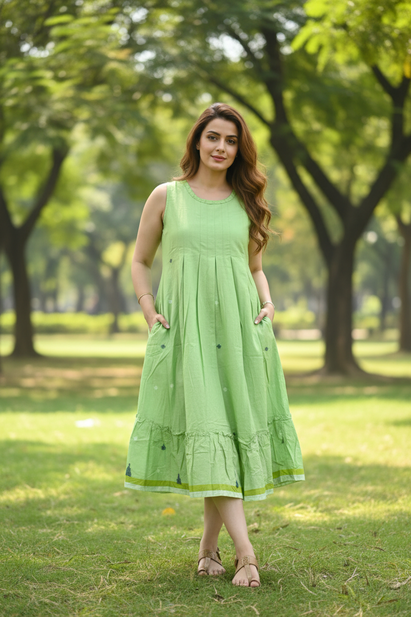 Model in sunny park with hands in pockets