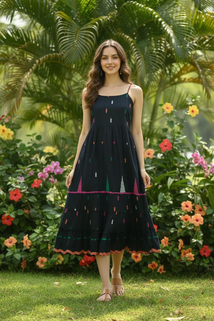 Model in tropical garden