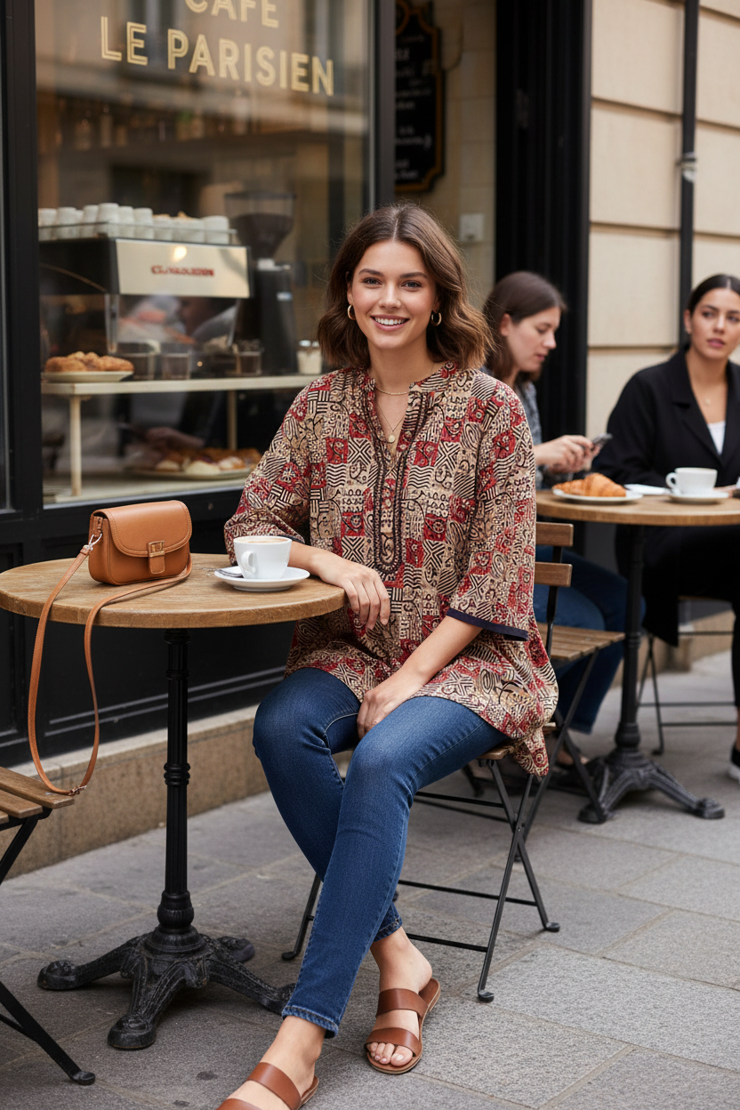 Model in tunic at cafe street