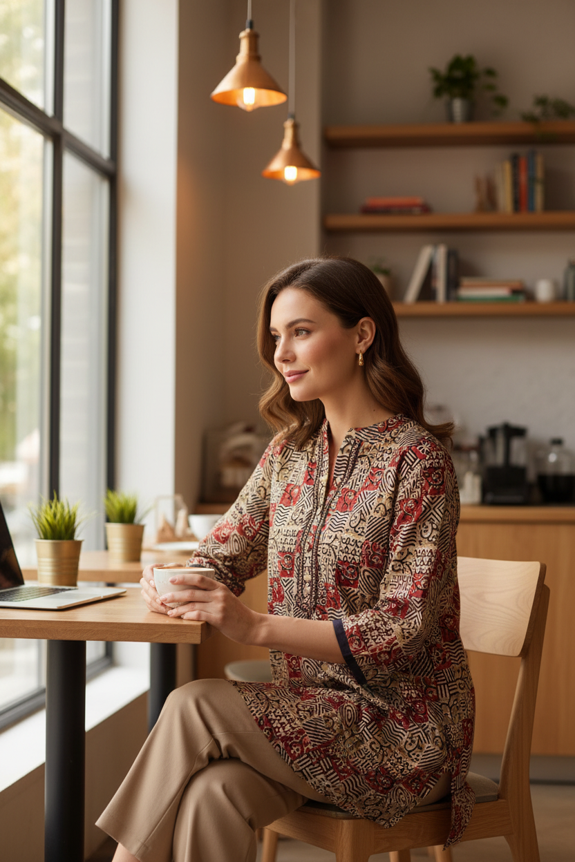 Model in tunic at indoor cafe