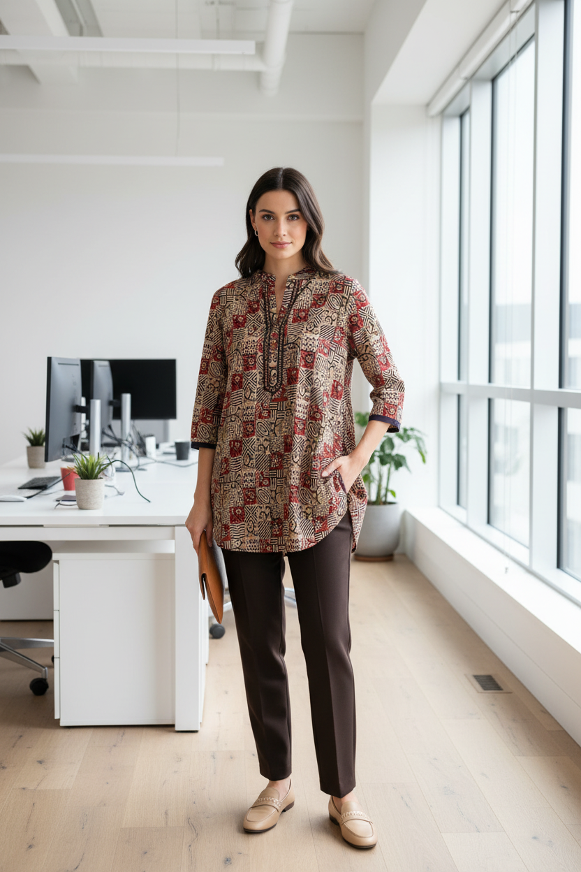 Model in tunic in office