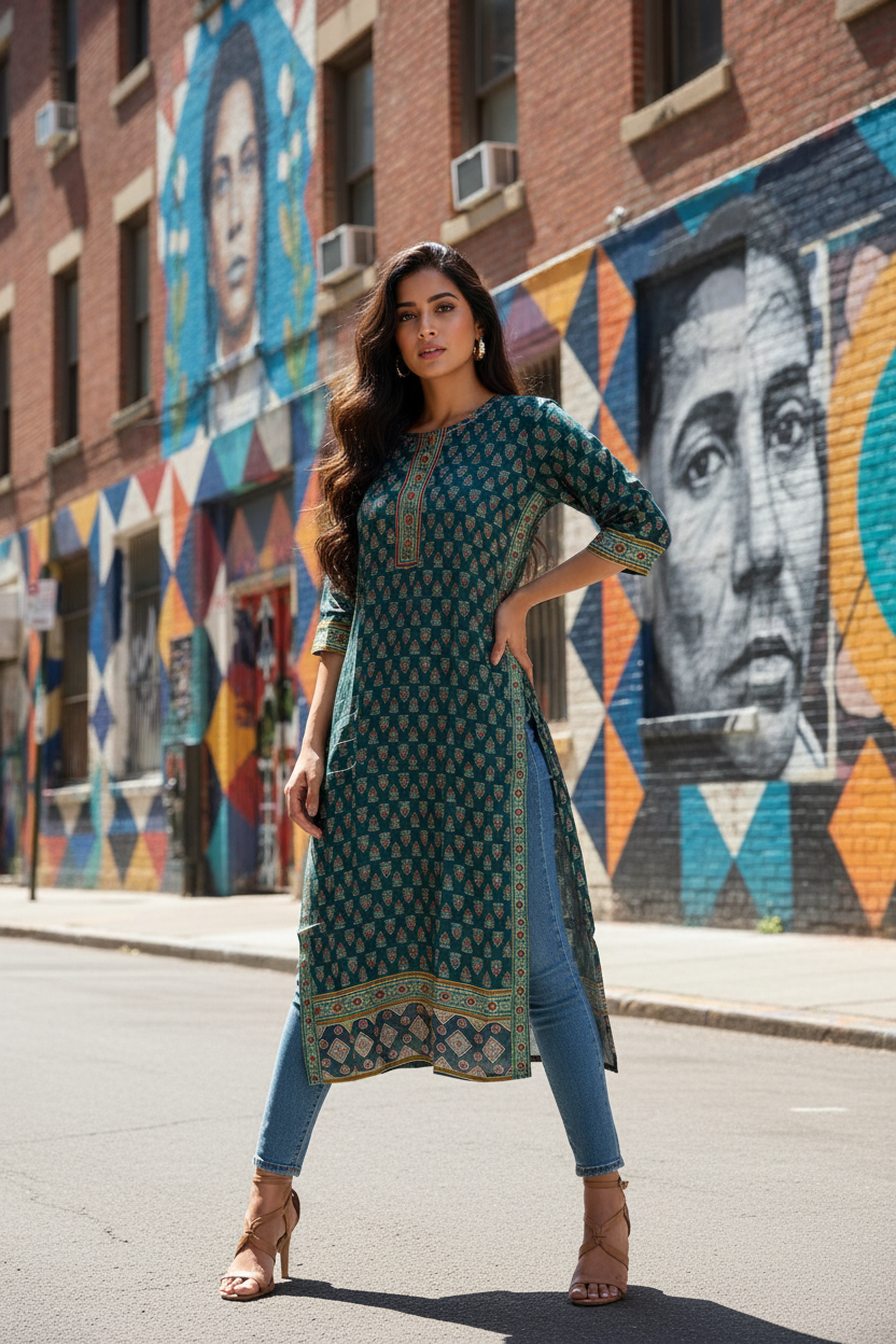 Model on street with denim