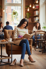 Model sitting at cafe reading book