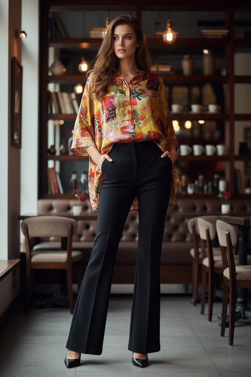 Model wearing floral tunic with flared black pants at café