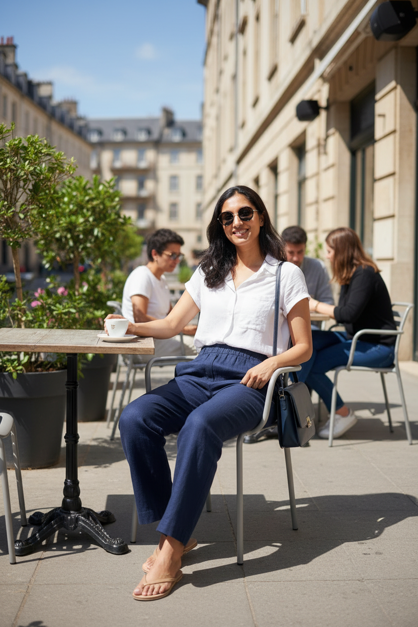 Model wearing navy linen pants at street café