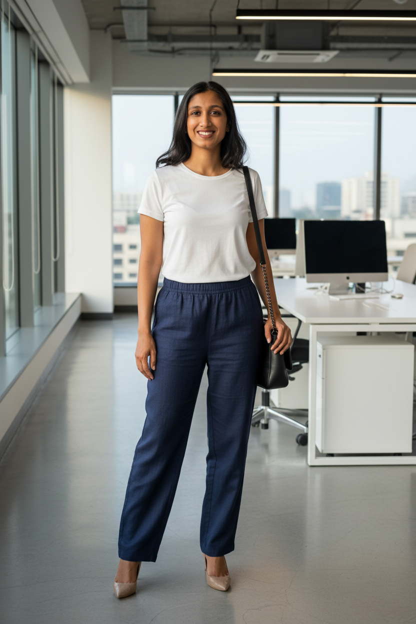 Model wearing navy linen pants in office
