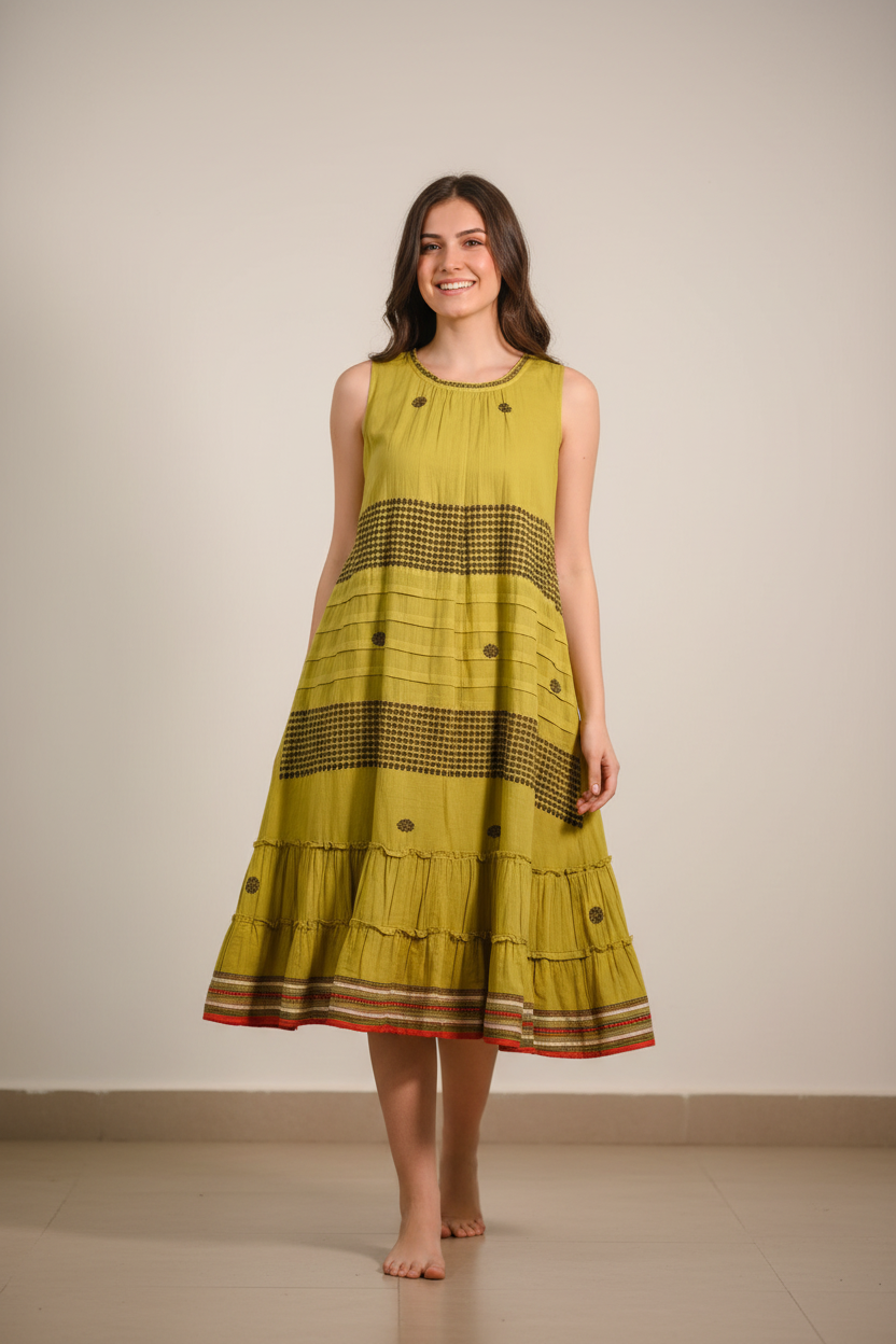 Model wearing yellow-green tiered dress