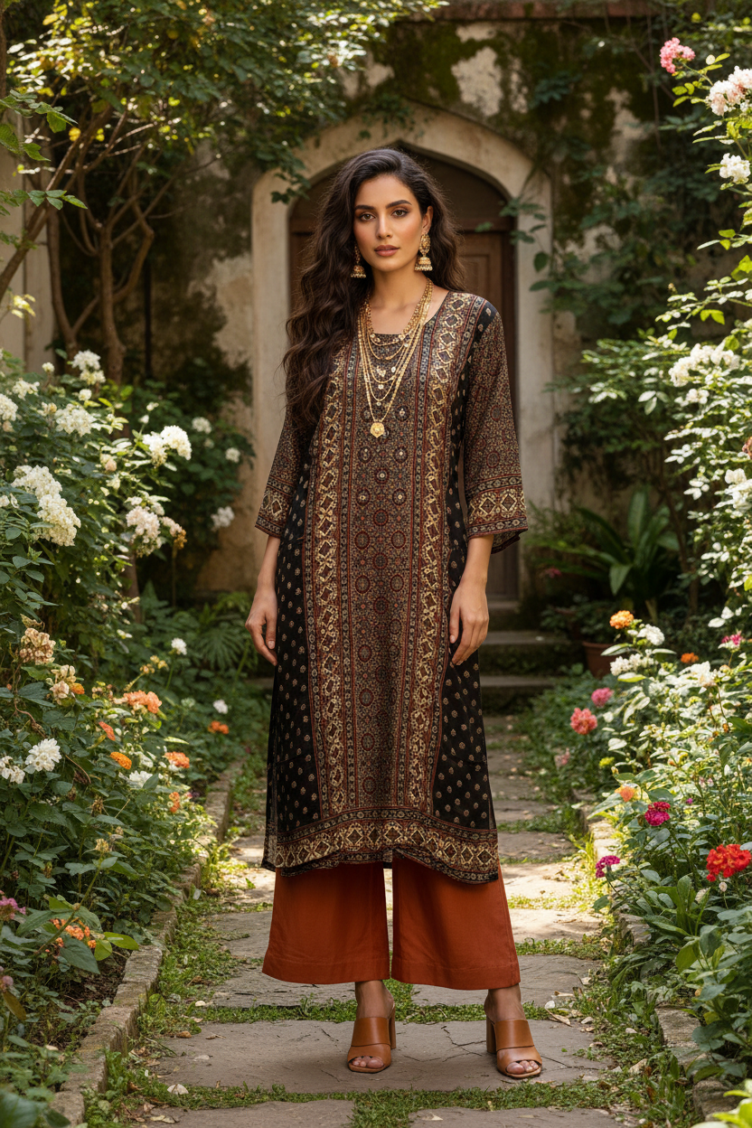 Model with rust pants and gold accessories