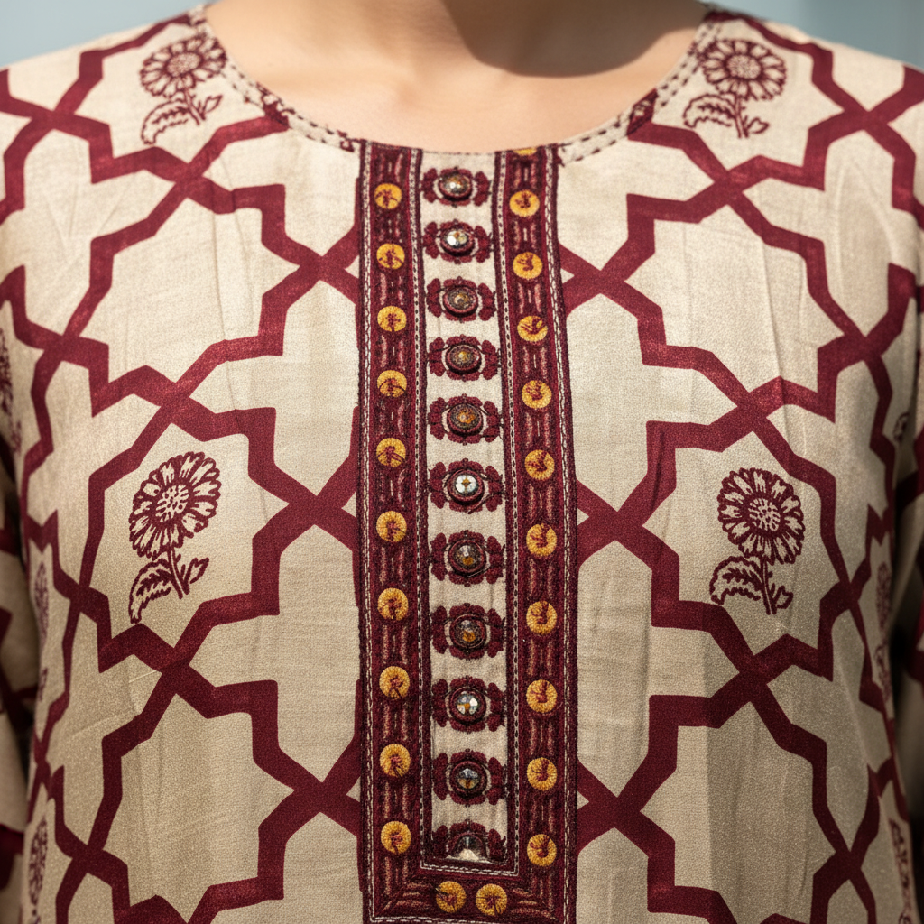 Neckline Close-Up - Maroon Geo Kurta