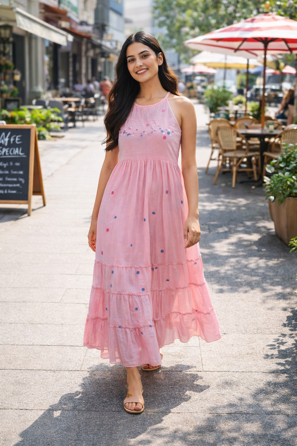 Pink Halter Neck Mul Cotton Summer Dress