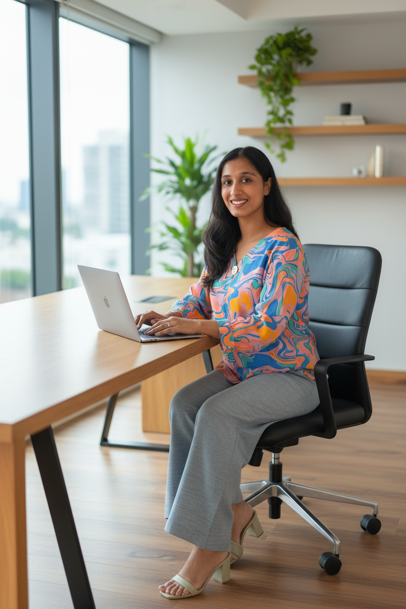 Professional model wearing geometric top at office