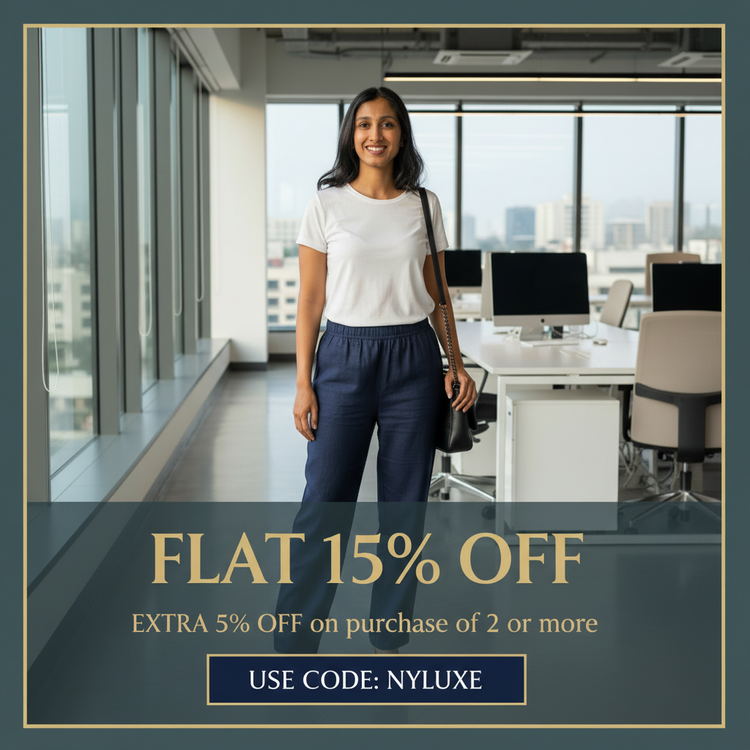 Promotional creative with text at bottom - FLAT 15% OFF and NYLUXE code